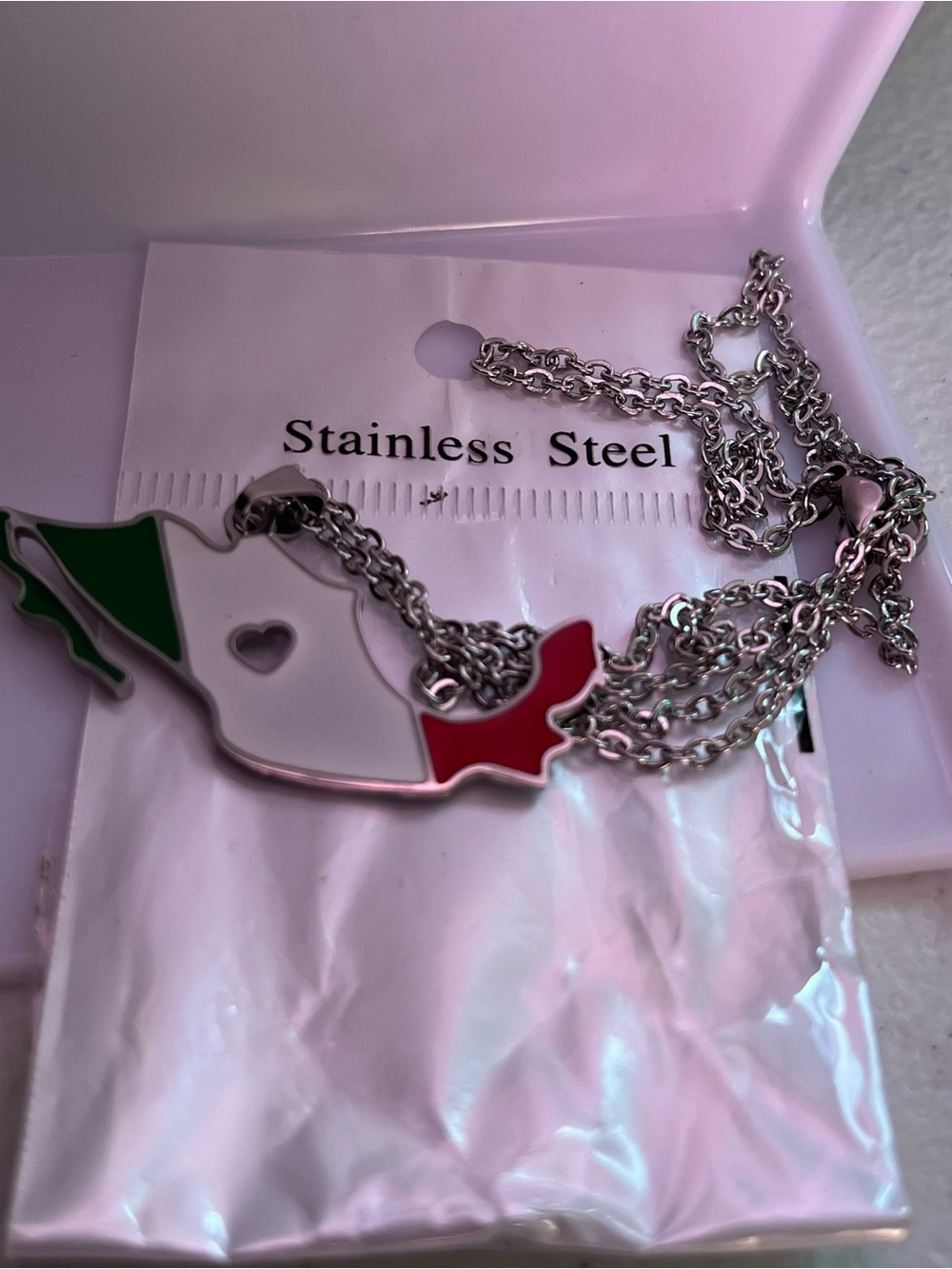 Mexico Flag Heart Necklace - Silver with Green, White & Red Enamel